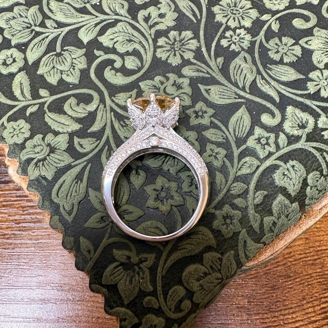 Stunning Size 7 Yellow Moissanite Ring High Floral Crown Setting 925 Sterling